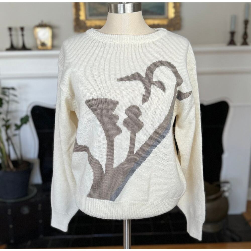 Vintage Sweater, 80s Abstract Koret, Tan Gray Print, Neutral Wool Blend, Women L